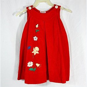 Vintage Abraham and Straus Red Corduroy Floral Sleeveless Girls Dress 1960s MCM